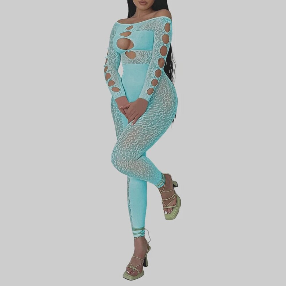 Womens Bodycon Sheer Mesh Jumpsuit Sexy Leopard Print Pearls Off-Shoulder SMALL